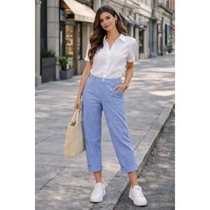 Talbots Pants Women's Size 10 Blue-White Seersucker Striped Perfect Cropped